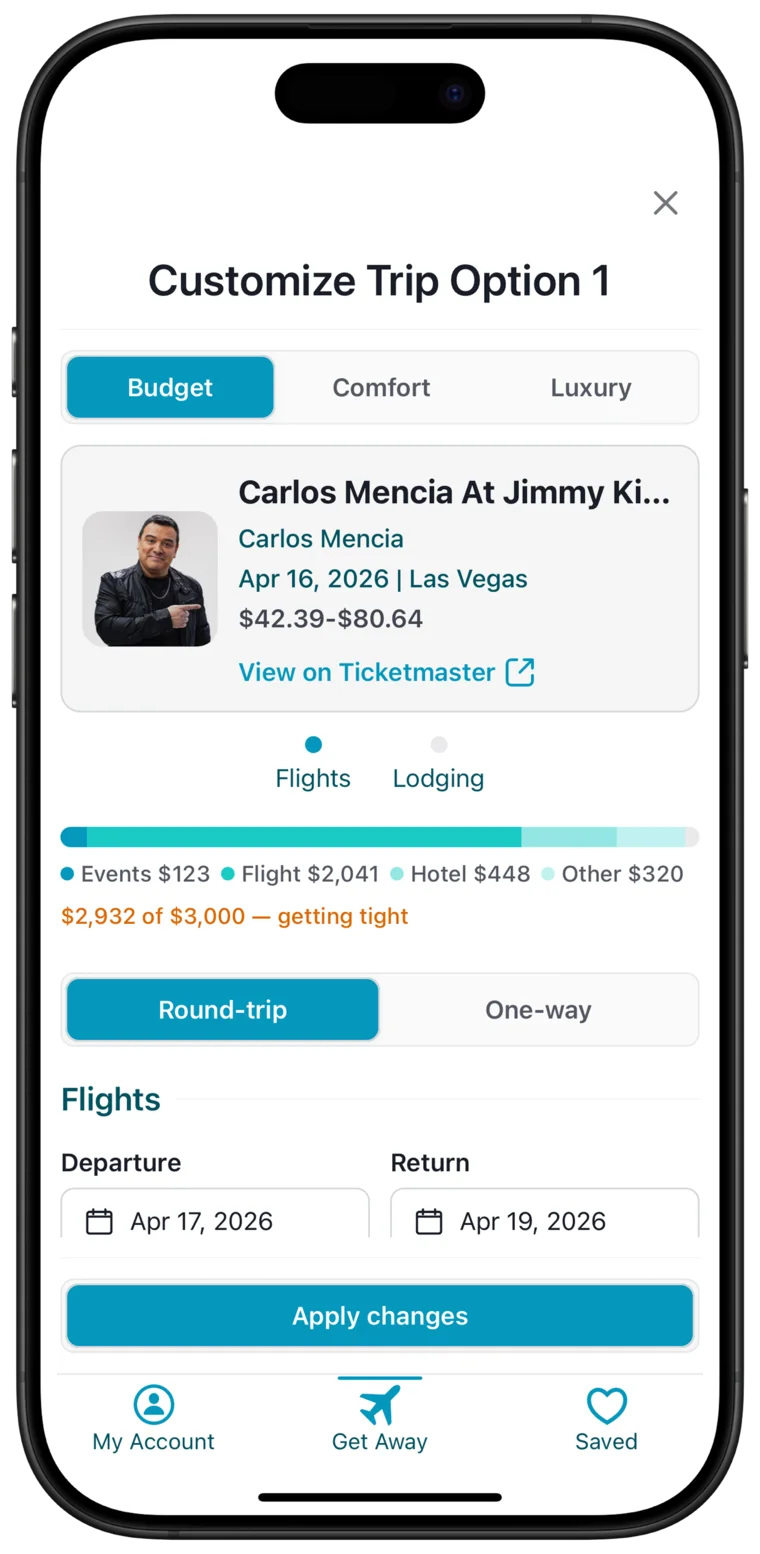 LifePacked trip customization screen with budget, comfort, and luxury options plus flight and lodging details.