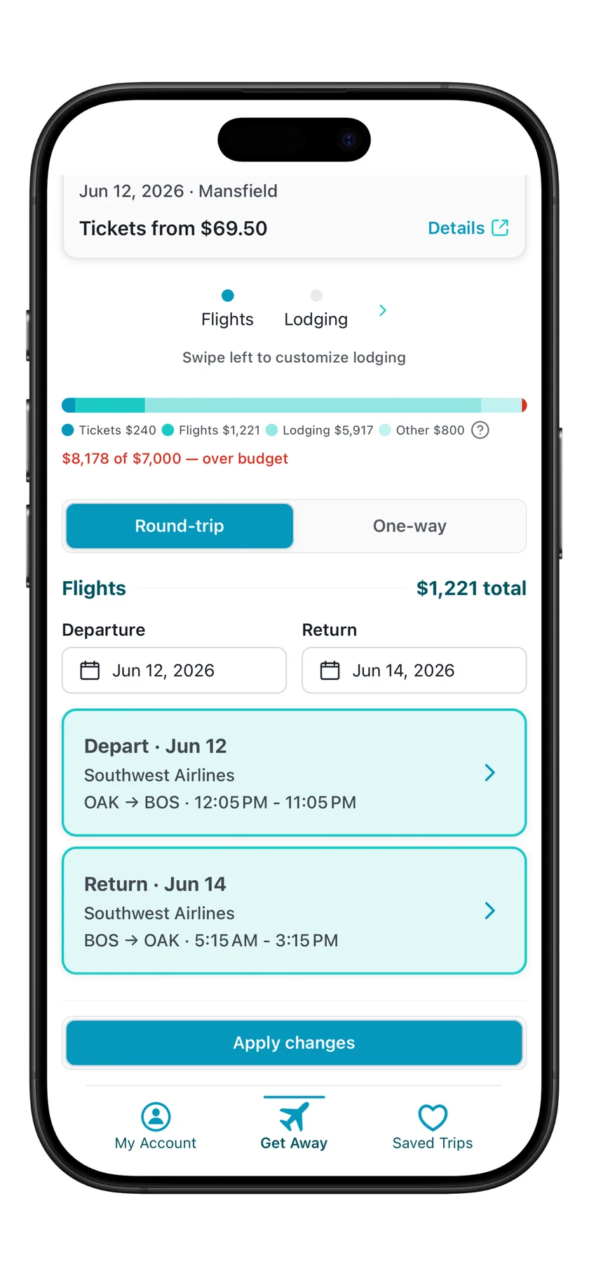 LifePacked flight options screen showing round-trip and one-way choices with a running trip total.