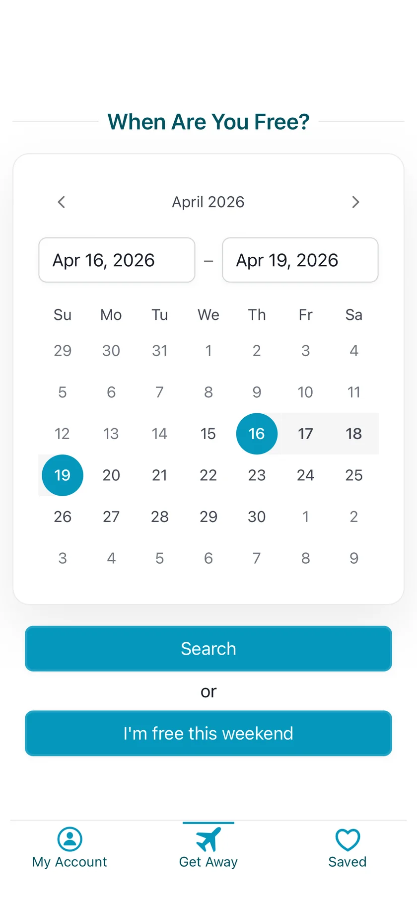 LifePacked home screen where travelers choose dates before searching.