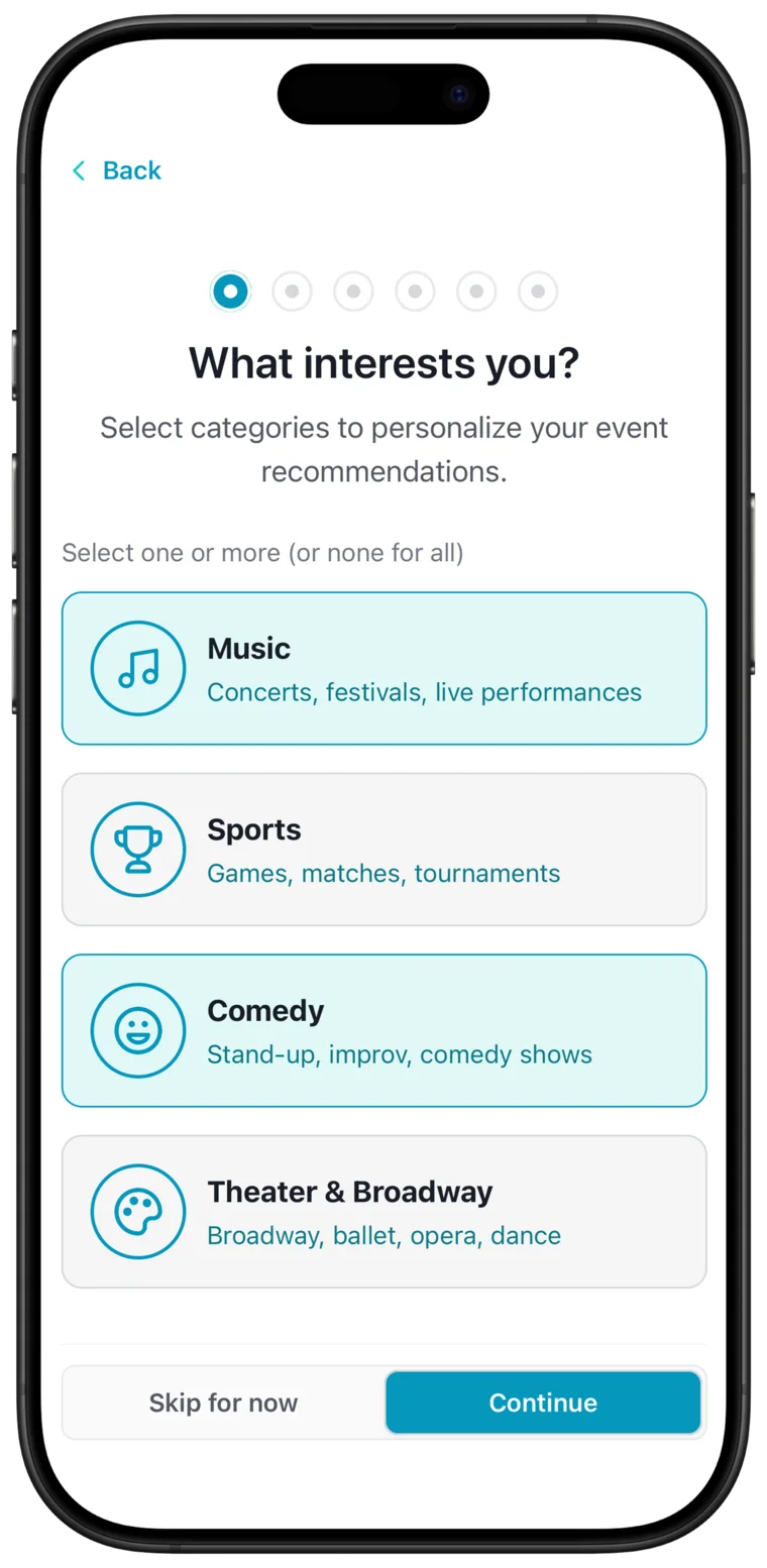 LifePacked personalization screen where travelers choose interests such as music, sports, comedy, and theater.