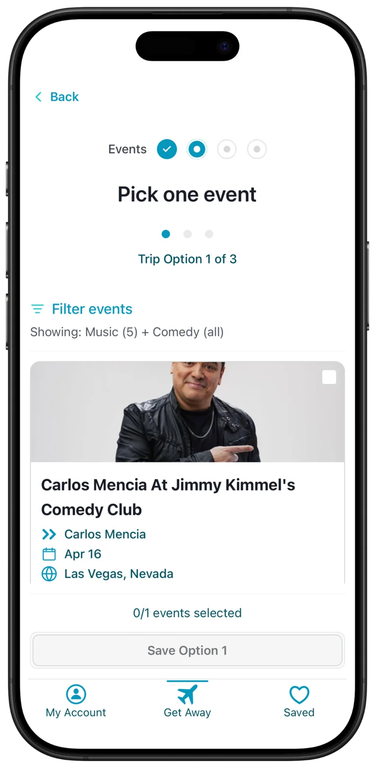 LifePacked event picker showing a comedy event option in Las Vegas.