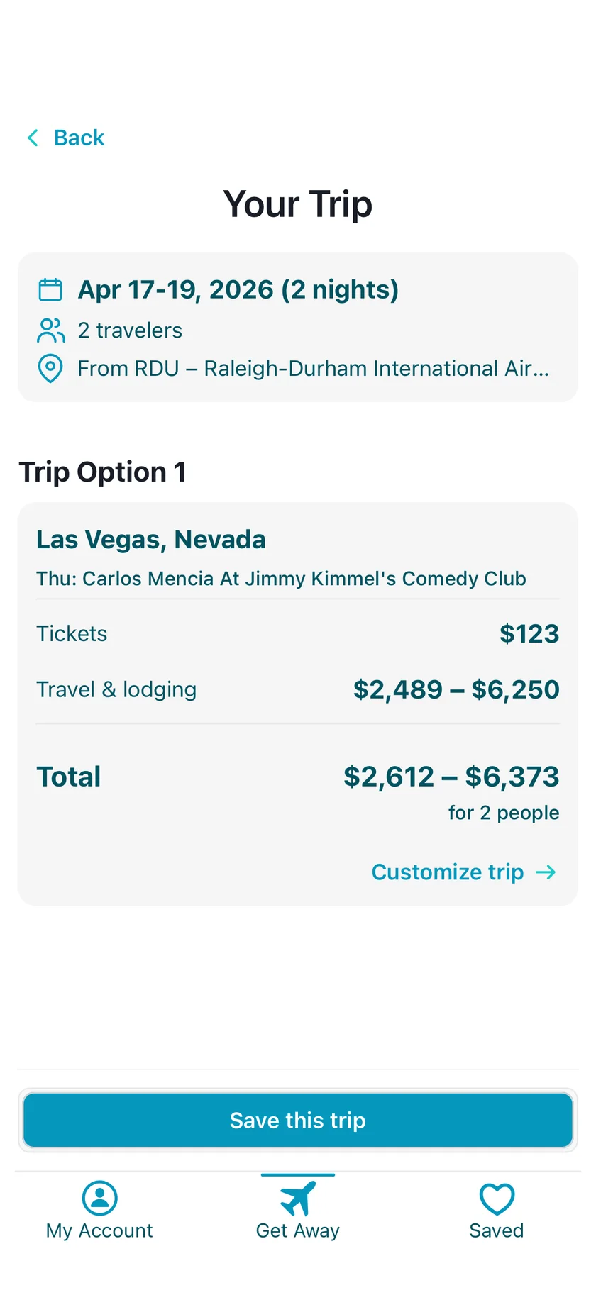 LifePacked trip review screen showing dates, travelers, origin airport, and the trip's total cost.