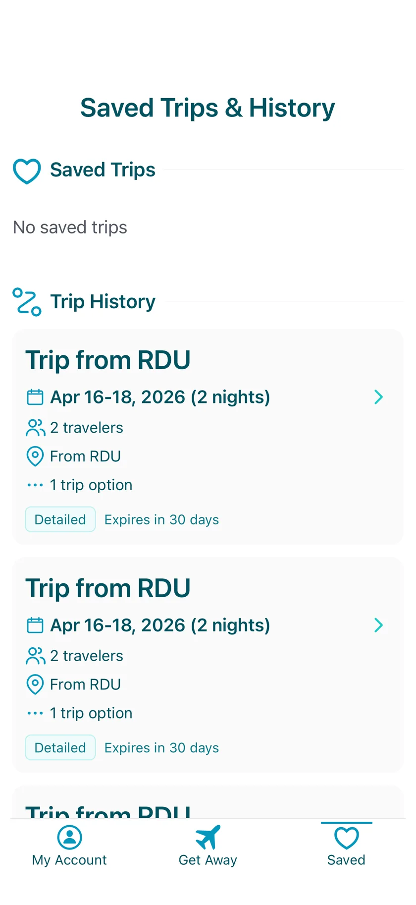 LifePacked saved trips and history screen with previous itineraries listed.