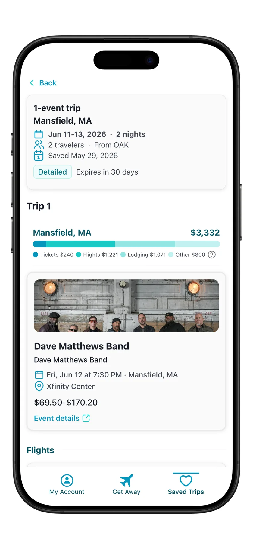 LifePacked trip detail screen showing a Mansfield trip with event, flight, lodging, and price details.