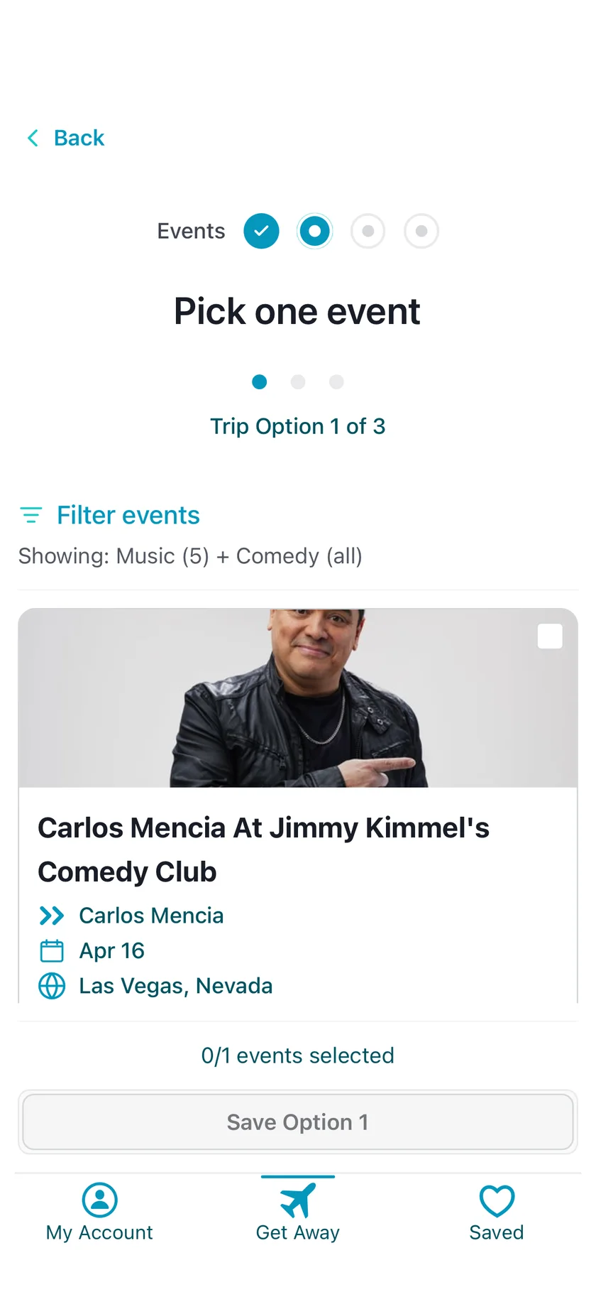 LifePacked event selection screen where travelers pick one event from a filtered list.